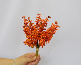 Artificial Orange Berry Bouquet, Faux Small Berry Stem, Fall Harvest Floral Arrangement, Rustic Farmhouse Centerpiece for Autumn Home Decor