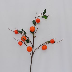 Può includere: Un ramo artificiale con vivaci frutti arancioni e foglie verdi. Il ramo marrone ha diversi piccoli rametti. La frutta è rotonda e liscia, mentre le foglie sono di un verde intenso. Un elemento decorativo.