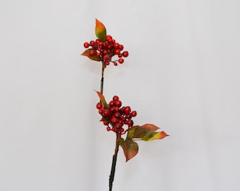 Artificial Red Winter Berry Stem with Variegated Leaves, Faux Holly Berry Branch for Holiday Decor, Vase Arrangements, Wedding Centerpieces