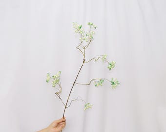 May include: A decorative stem with small, light green and white berries. The stem is brown and has a natural, organic appearance. The berries are clustered in small groups along the stem, creating a delicate and airy look. The background is a plain white.
