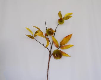 Artificial Chestnut Branch with Spiky Seed Pods and Autumn Leaves, Faux Chestnut Stem, Rustic Fall Decor, Floral Arrangement Centerpieces