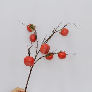 Artificial Red Persimmon Branch, Faux Persimmon Stem, Realistic Persimmon Tree Branch, Lifelike Red Fruit Decor, Fall Harvest Home Accent
