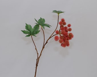 Artificial Castor Plant Branch with Red Seed Pods, Faux Green Leaves with Spiky Red Flowers for Home Floral Decor, Wedding Arrangement, Gift