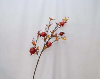 Artificial Pomegranate Branch, Faux Red Fruit Stem with Autumn Leaves for Fall Home Decor, Floral Arrangement Centerpiece, Rustic Flower