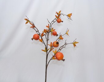 Artificial Pomegranate Branch, Faux Fruit Stem with Autumn Leaves, Rustic Fall Decor for Table Centerpiece, Wedding Arrangement, Home Floral
