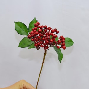 Artificial Red Berry Cluster, Faux Holly Spray with Leaves, Holiday Flower Decorative Accent, Home Greenery Stem, Indoor Floral Arrangement