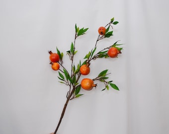 Artificial Pomegranate Branch, Faux Fruit Stem with Lifelike Orange Pomegranates and Leaves for Table Centerpiece, Fall Home Floral Decor