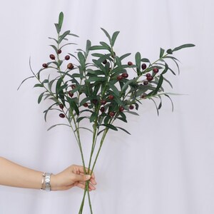 May include: A bundle of artificial olive branches with dark green leaves and small, dark red olives. The stems are a light green color. The branches are held in a person's hand against a white background.