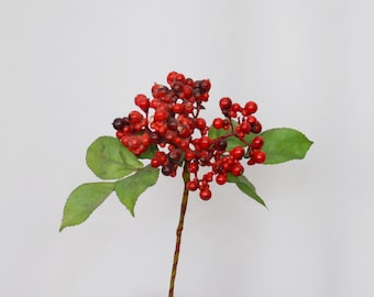 Artificial Viburnum Berry Stem with Green Leaves, Faux Winter Red Berry Cluster, Rustic Holiday Floral Pick for Christmas Decor Arrangement