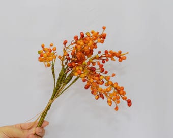 Artificial Orange Berry Bouquet, Faux Berry Stems for Fall Home Decor, Autumn Wreath, Rustic Centerpieces, Floral Arrangements, Indoor Plant