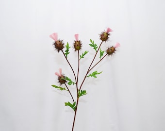 Puede incluir: Un solo tallo de flores de cardo artificiales. El tallo es marrón con hojas verdes y múltiples cabezas de flores espinosas y marrones. Cada cabeza tiene una pequeña flor de color rosa claro que florece desde la parte superior. El fondo es blanco liso.