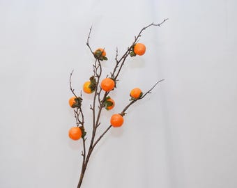 Artificial Persimmon Branch, Tall Faux Fruit Stem with Realistic Orange Persimmons for Fall Vase Decor, Rustic Wedding Home Arrangement