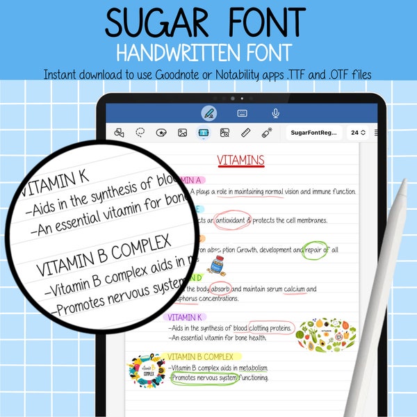 Sugar Font | Handwritten Font | Cute Handwriting | Digital Font | Digital Notes Font | Goodnotes iPad | Procreate Font