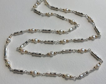 Silver, Gold, and Pearl Line Necklace