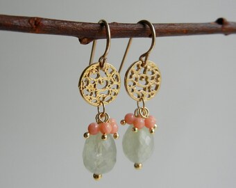 Prehnite and Coral Earrings