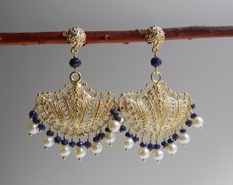 Sapphire and Pearl Chandelier Earrings