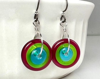 Glass Disc Earrings, Glass Dangles, Sterling Silver Earrings, Earring Pair, Gift for Friend, Jewelry Gift, Valentines Gift, Artisan Jewelry