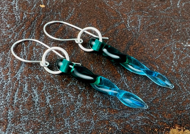 Glass Drop Earrings, Dangle Earrings, Teal Glass Drops, Twisted Glass Earrings Jewelry Gift Woman Teen Girl image 3