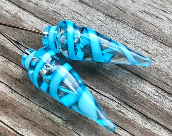 Aqua Swirl Hollow Glass and Stainless Steel Headpin Pair