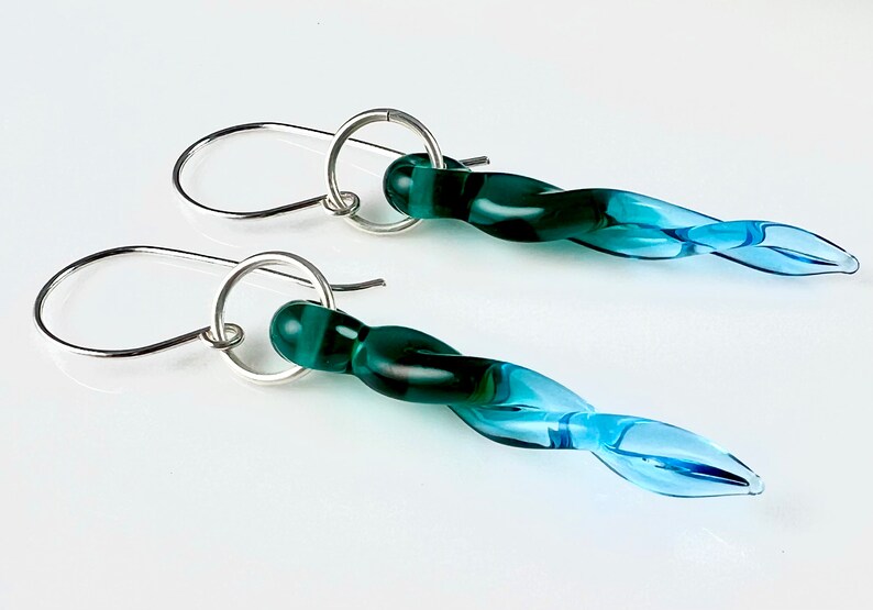 Glass Drop Earrings, Dangle Earrings, Teal Glass Drops, Twisted Glass Earrings Jewelry Gift Woman Teen Girl image 4