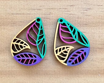 Wood Painted Earring Charms, Laser Cut Jewelry Components, Wood Leaves