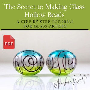 Puede incluir: Dos cuentas de vidrio con un diseño turquesa y verde lima, con patrones de remolinos negros. La imagen incluye el texto "The Secret to Making Glass Hollow Beads" y "A STEP BY STEP TUTORIAL FOR GLASS ARTISTS". El icono PDF es visible.