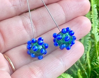 Lampwork Glass Headpin Pair, Blue and Green Bead Supplies, Stainless Steel Components for Jewelry Making