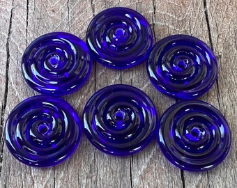 Cobalt Blue Lampwork Glass Disc Beads, Transparent Beads, Bead Supplies, Swirl Beads, Jewelry Making Supplies