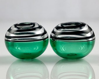 Emerald Green and Black Swirl Lampwork Glass Hollow Bead Pair, Glass Bead Supplies, Jewelry Supplies, Hollow Glass Beads