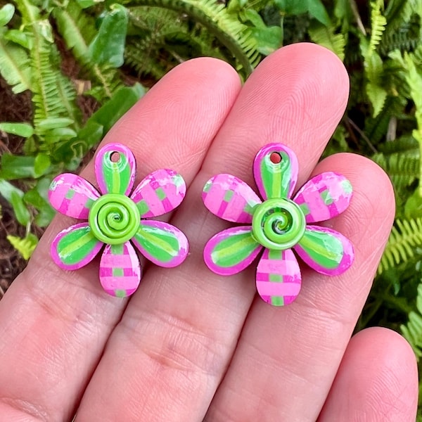 Pink Flowers for Earrings - Painted Mixed Media Jewelry Art - Floral Jewelry Components