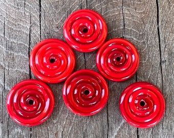 Red Lampwork Glass Disc Beads, Christmas Beads, Bead Supplies, Opaque Red Swirl Beads, Jewelry Making Supplies