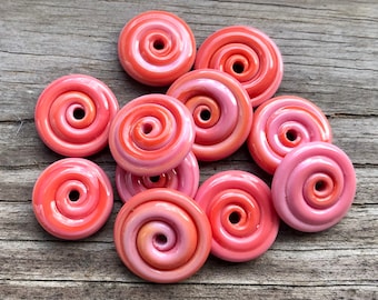 Opaque Coral Small Lampwork Glass Spacer Disc Beads-Set of 10