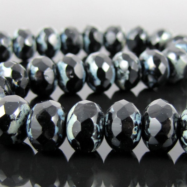 Czech Glass Faceted Gemstone Donut Beads-Jet Picasso 9x6mm (25)