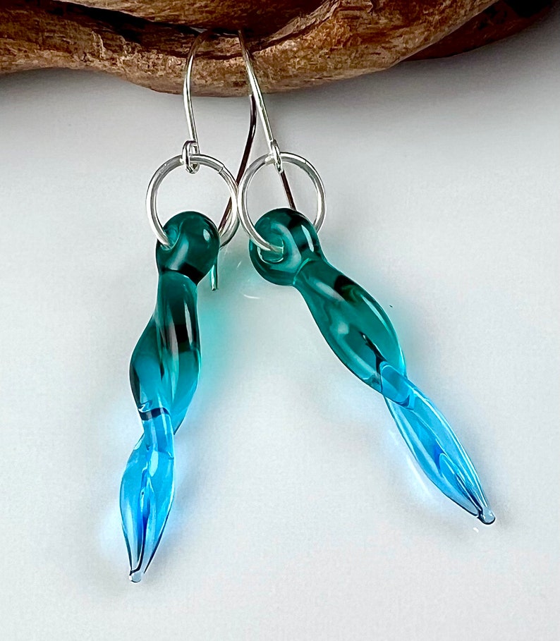 Glass Drop Earrings, Dangle Earrings, Teal Glass Drops, Twisted Glass Earrings Jewelry Gift Woman Teen Girl image 2