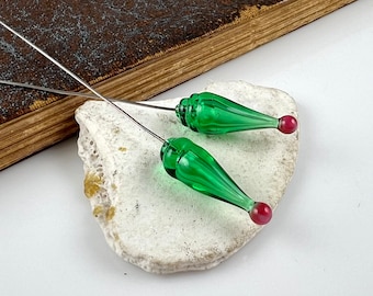 Green and Pink Glass and Stainless Steel Headpin Pair, Hollow Glass Headpins, Glass Jewelry Supplies, Lampwork