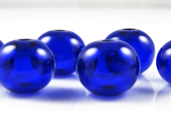 Contas de vidro soprado azul cobalto, joias artesanais ocas e redondas