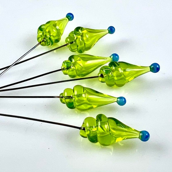 Lime and Blue Glass Headpin Set of 6, Stainless Steel Wire, Jewelry Supplies, Lampwork