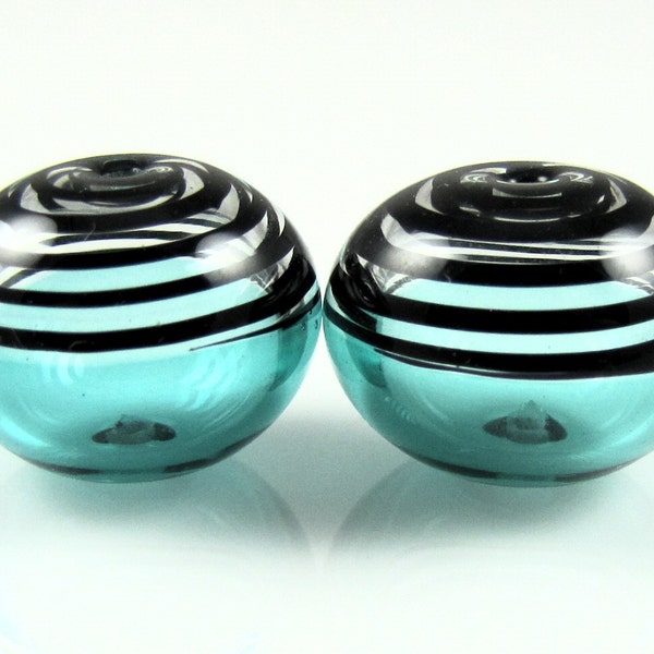 Teal Black Glass Swirls Lampwork Bead Pairs