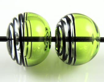 Lime Green and Black Swirls Lampwork Glass Hollow Bead Pairs