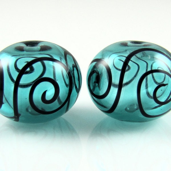 Teal Blue and Fine Black Scroll Hollow Lampwork Glass Bead Pairs