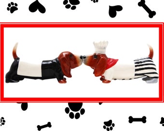 Kissing Magnetic Basset Hound Chef and Waiter Salt and Pepper Shaker Set, Dog Love