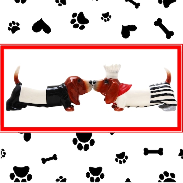 Kissing Magnetic Basset Hound Chef and Waiter Salt and Pepper Shaker Set, Dog Love