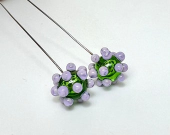 Lampwork Glass Headpin Pair, Green and Purple Bead Supplies, Stainless Steel Components for Jewelry Making