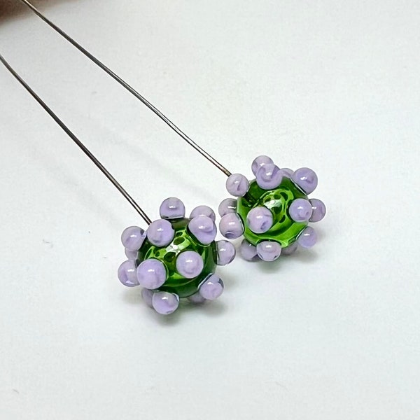 Lampwork Glass Headpin Pair, Green and Purple Bead Supplies, Stainless Steel Components for Jewelry Making