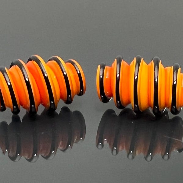 Orange Black Lampwork Glass Beads: Artisan Cylinder Beads