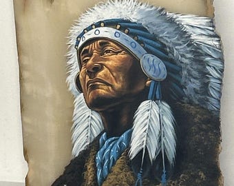 Wódz Indian Ameryki Północnej malowany ręcznie na grubej płycie kamiennej, sygnowany przez Jorge'a, 16"x12"