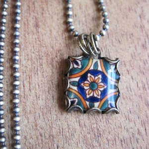 Ceramic tile necklace, Morocco, Portugal, Spain, Mexico, Mediterranean, pottery design, Folk art, hand made jewelry