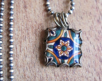 Ceramic tile necklace, Morocco, Portugal, Spain, Mexico, Mediterranean, pottery design, Folk art, hand made jewelry