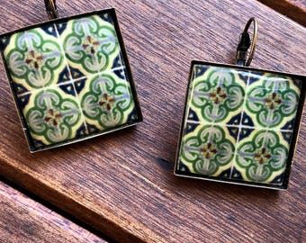 Mediterranean tile design earrings, Lever back, European jewelry, Handmade Costume jewelry, bridesmaid gift, drop earrings, travel for her