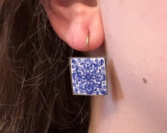 Spanish tile lever back earrings, Antiqued Brass, Cobalt Blue and white, resin